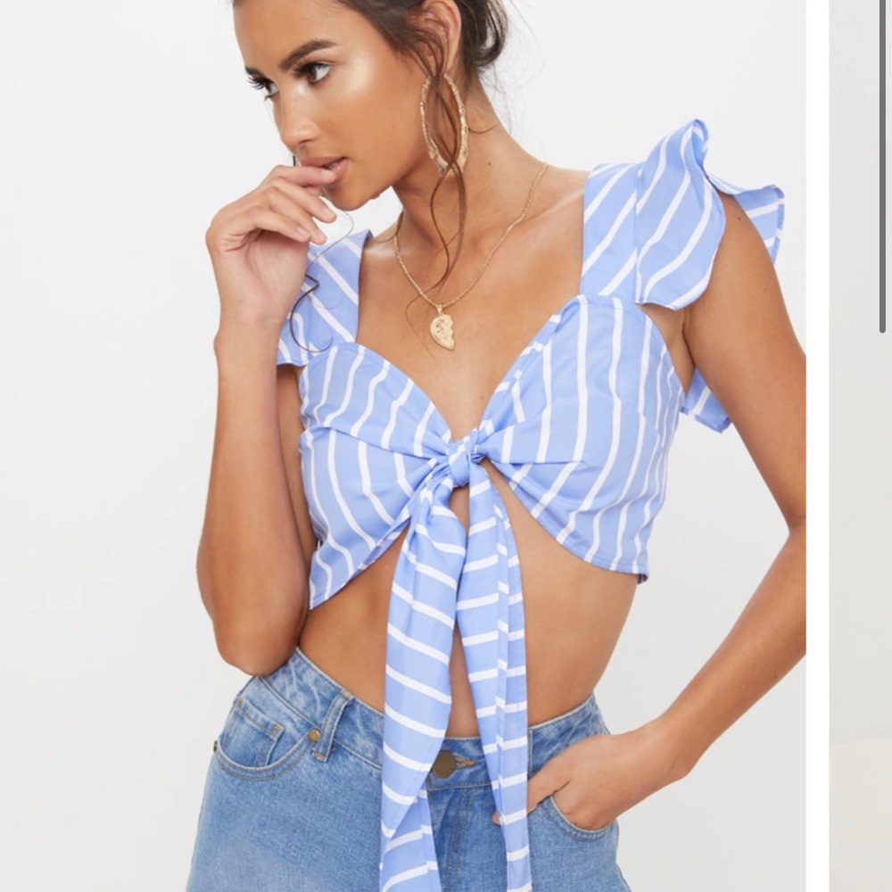 PRETTY LITTLE THING Blue Stripe Frill Tie Front Bralette